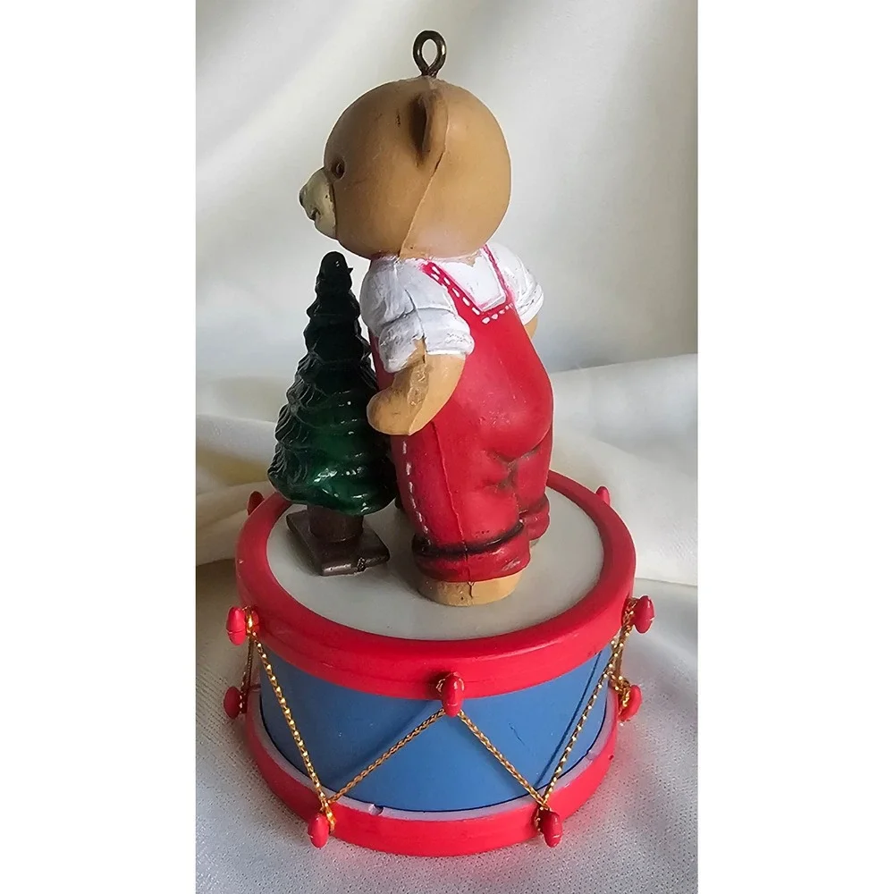 Vintage Christmas Teddy Bear on Drum Ornament Red Overalls Tree Figurine